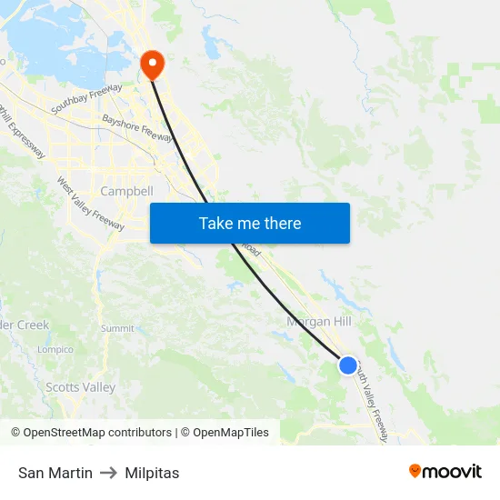San Martin to Milpitas map