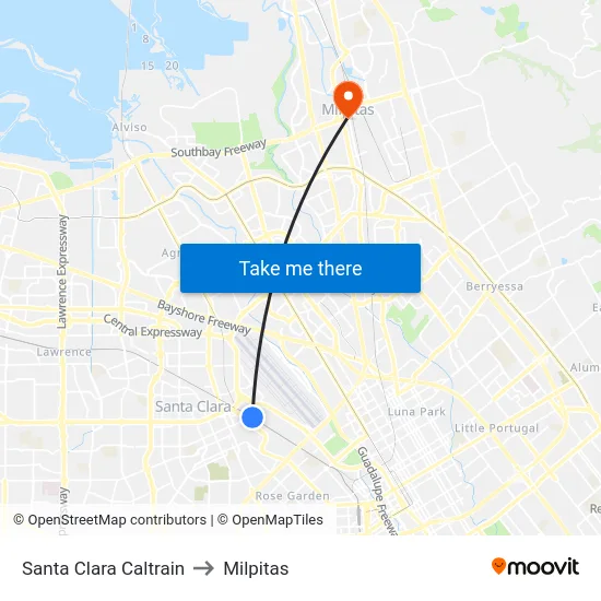Santa Clara Caltrain to Milpitas map