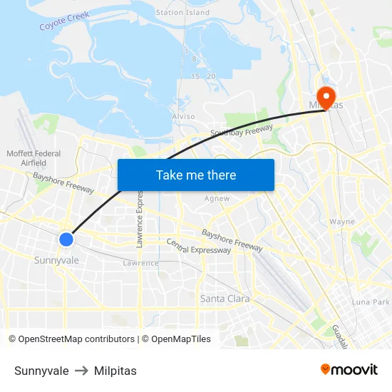 Sunnyvale to Milpitas map