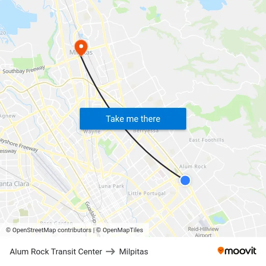 Alum Rock Transit Center to Milpitas map