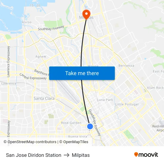 San Jose Diridon Station to Milpitas map