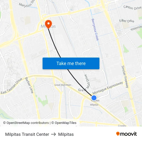 Milpitas Transit Center to Milpitas map