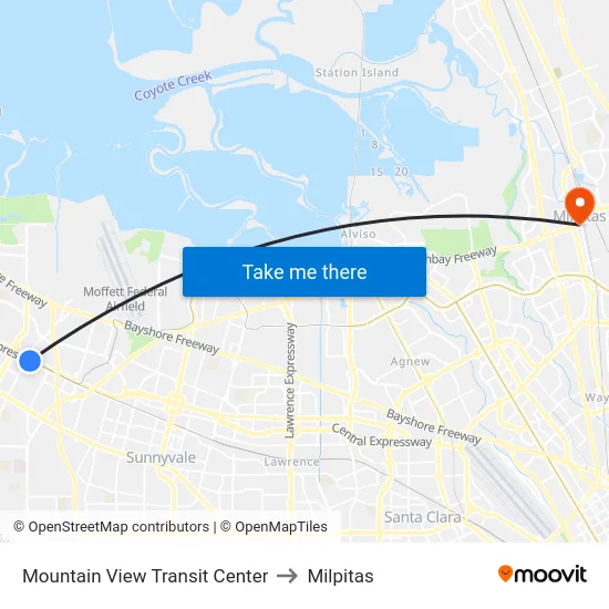 Mountain View Transit Center to Milpitas map