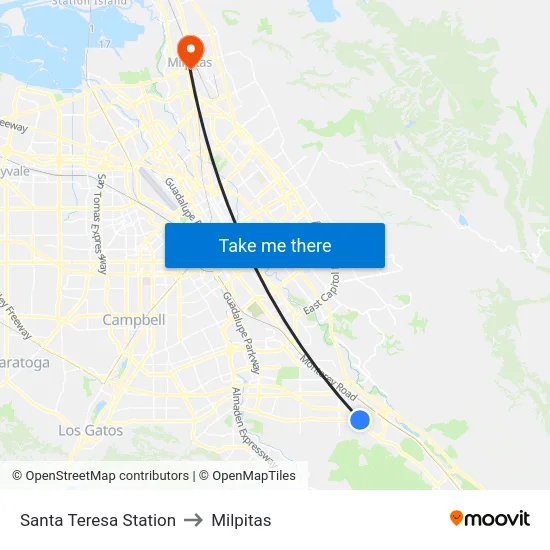 Santa Teresa Station to Milpitas map