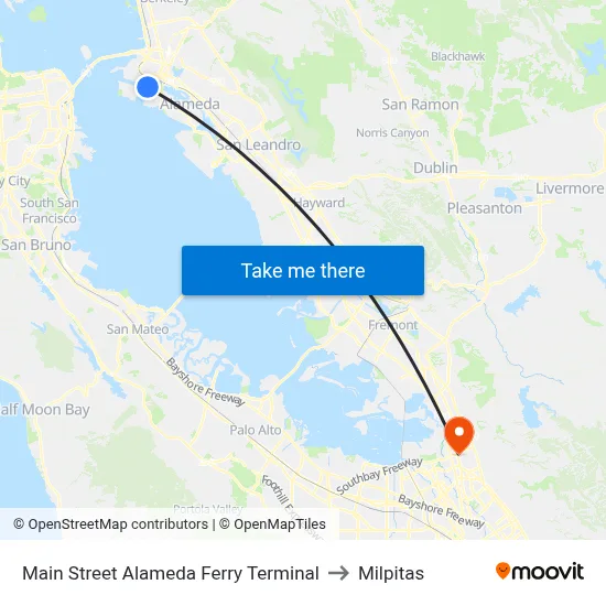 Main Street Alameda Ferry Terminal to Milpitas map