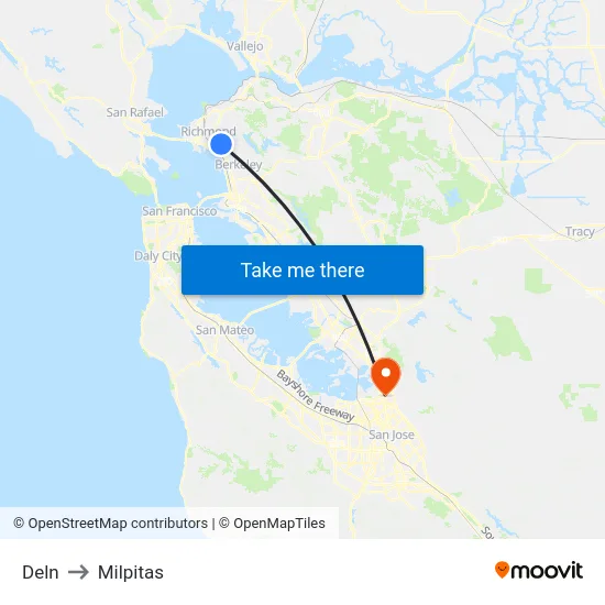 Deln to Milpitas map