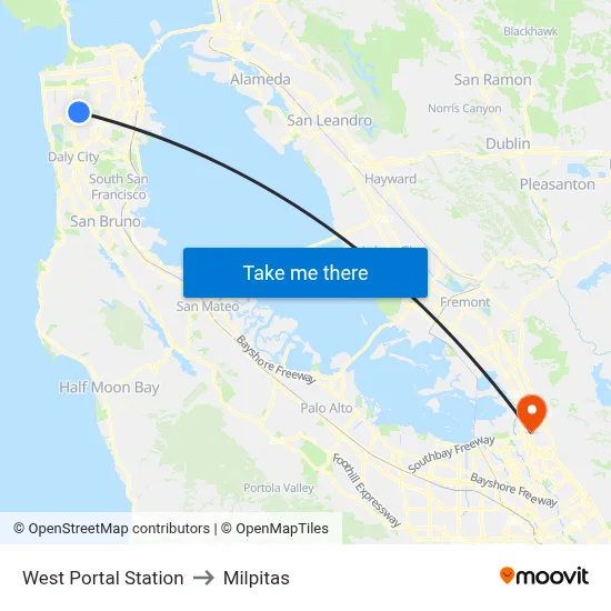 West Portal Station to Milpitas map