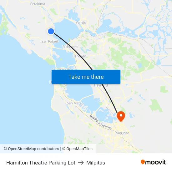 Hamilton Theatre Parking Lot to Milpitas map