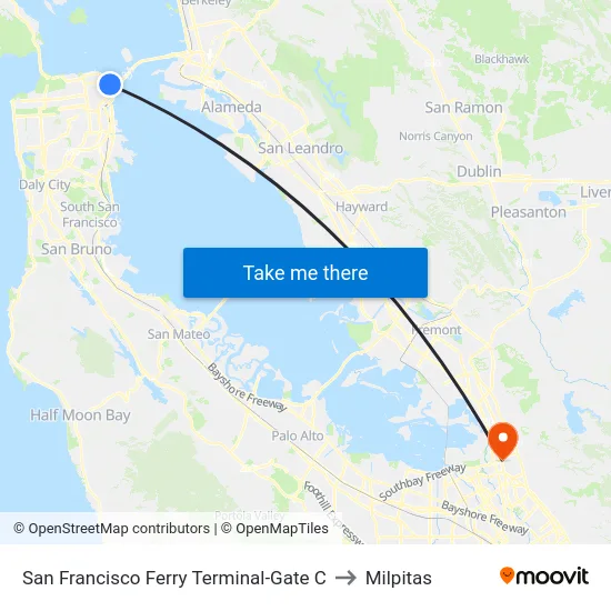 San Francisco Ferry Terminal-Gate C to Milpitas map