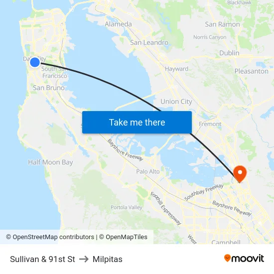 Sullivan & 91st St to Milpitas map