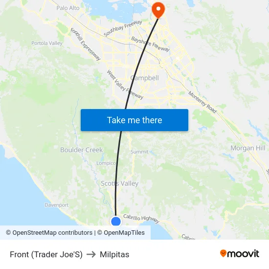 Front (Trader Joe'S) to Milpitas map
