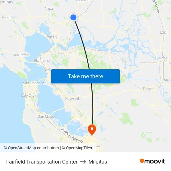 Fairfield Transportation Center to Milpitas map