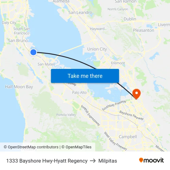 1333 Bayshore Hwy-Hyatt Regency to Milpitas map