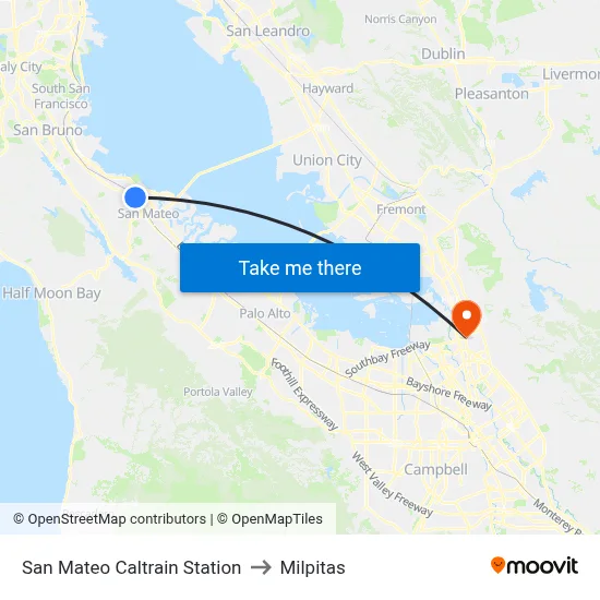 San Mateo Caltrain Station to Milpitas map