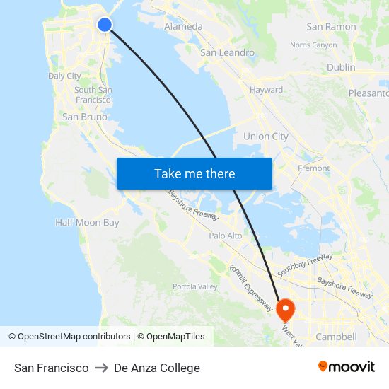 San Francisco to De Anza College map