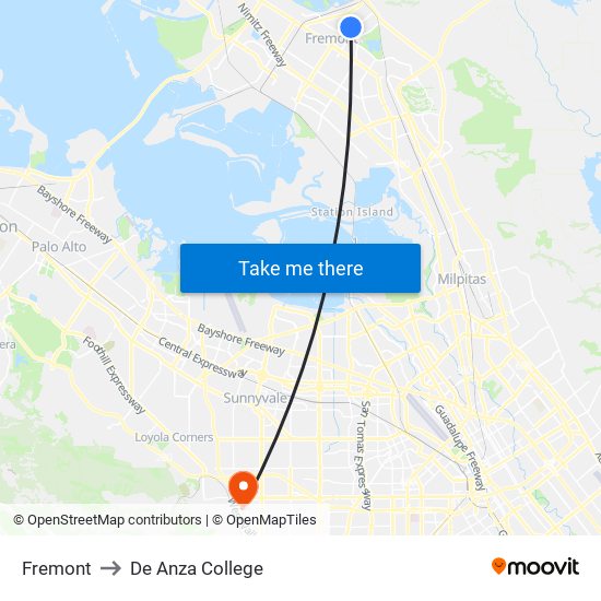 Fremont to De Anza College map