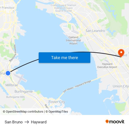 San Bruno to Hayward map