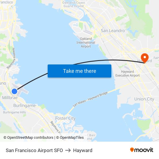 San Francisco Airport SFO to Hayward map