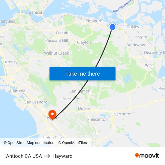 Antioch CA USA to Hayward map