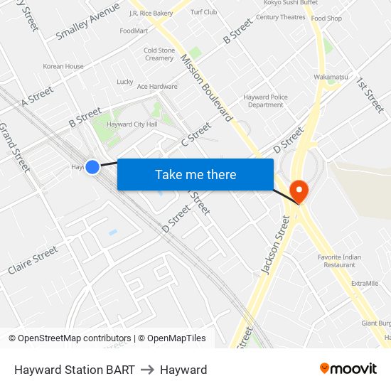 Hayward Station BART to Hayward map