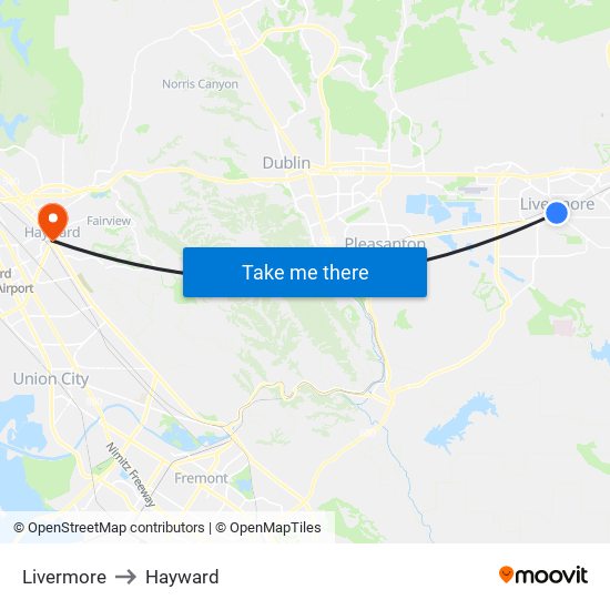 Livermore to Hayward map