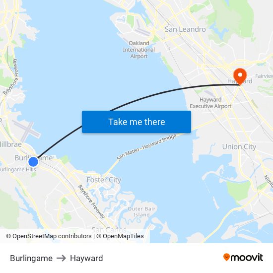 Burlingame to Hayward map