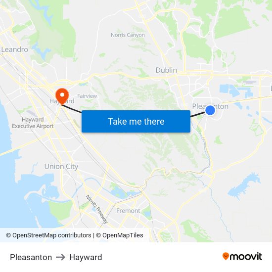 Pleasanton to Hayward map