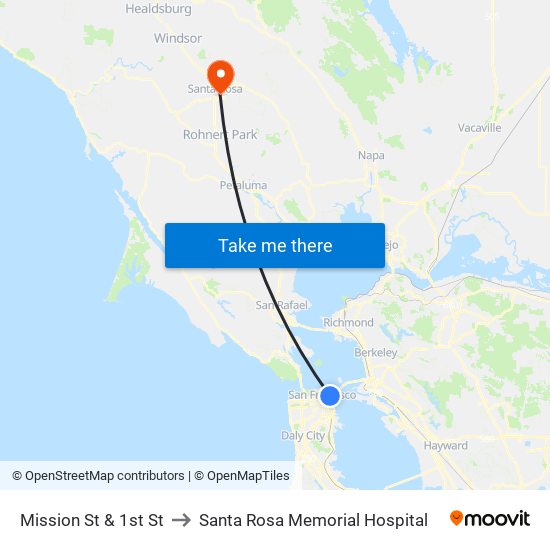 Mission St & 1st St to Santa Rosa Memorial Hospital map