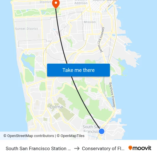 South San Francisco Station Caltrain to Conservatory of Flowers map