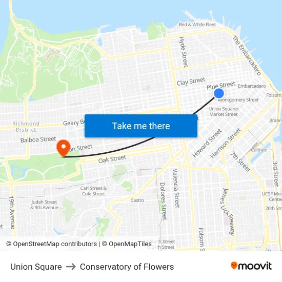 Union Square to Conservatory of Flowers map