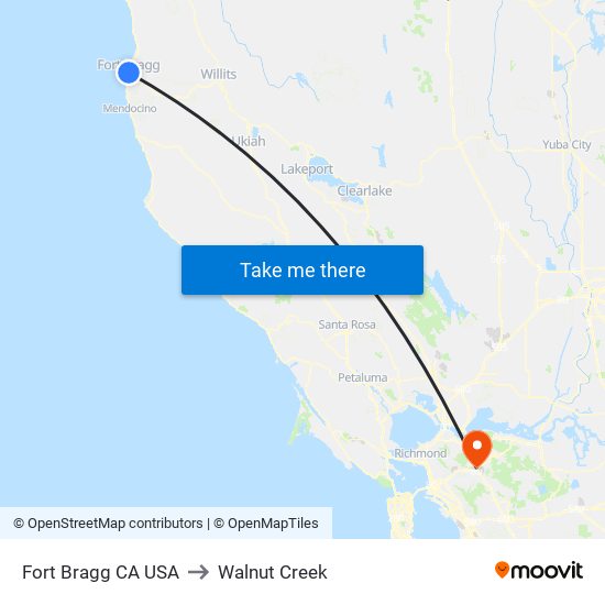 Fort Bragg CA USA to Walnut Creek map