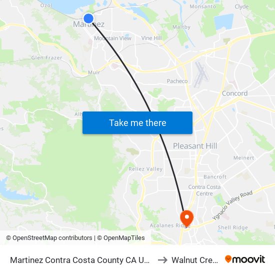 Martinez Contra Costa County CA USA to Walnut Creek map