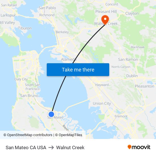 San Mateo CA USA to Walnut Creek map