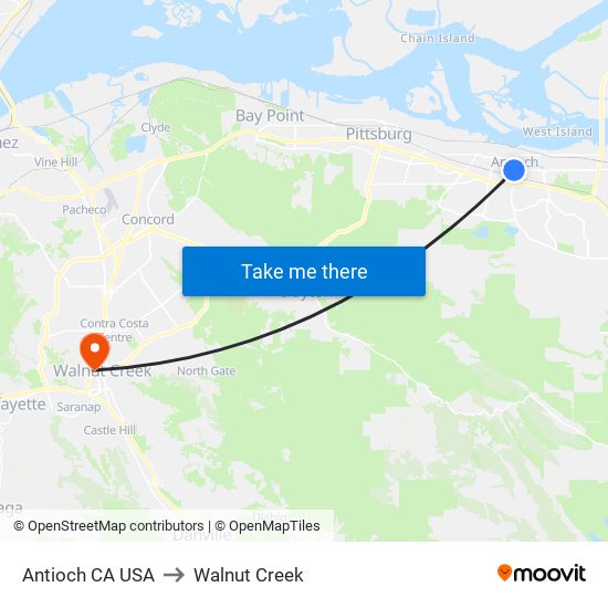 Antioch CA USA to Walnut Creek map