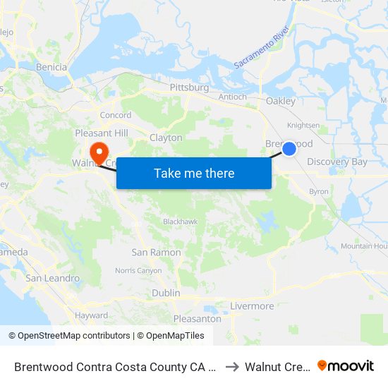 Brentwood Contra Costa County CA USA to Walnut Creek map