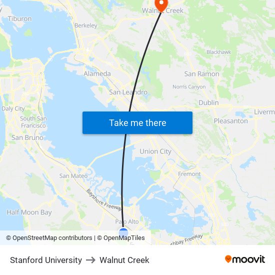 Stanford University to Walnut Creek map