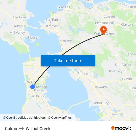 Colma to Walnut Creek map