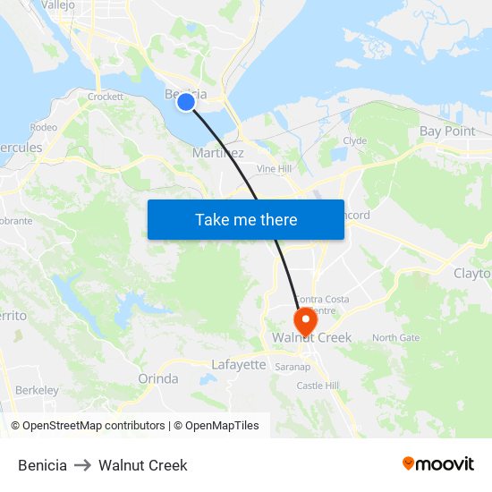Benicia to Walnut Creek map