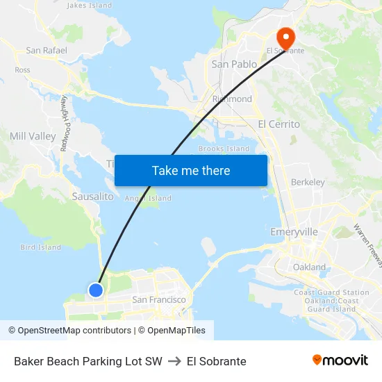 Baker Beach Parking Lot SW to El Sobrante map