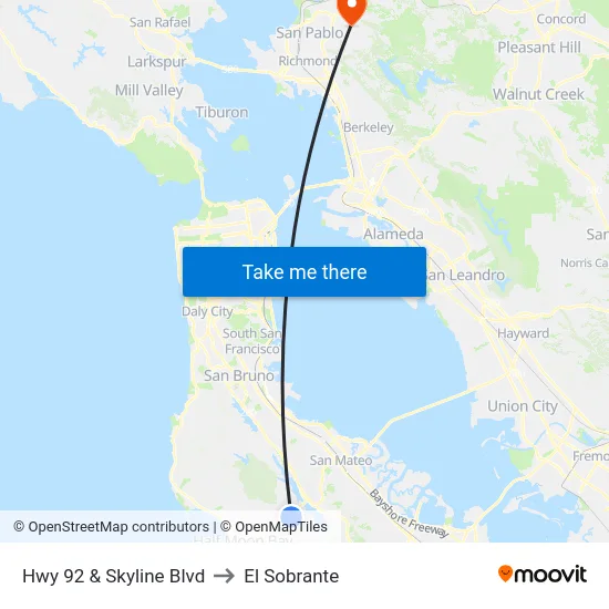 Hwy 92  & Skyline Blvd to El Sobrante map