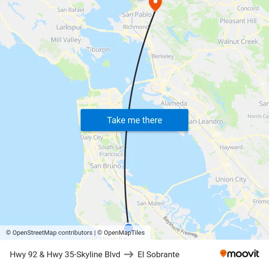 Hwy 92 & Hwy 35-Skyline Blvd to El Sobrante map