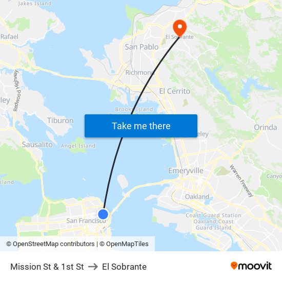 Mission St & 1st St to El Sobrante map