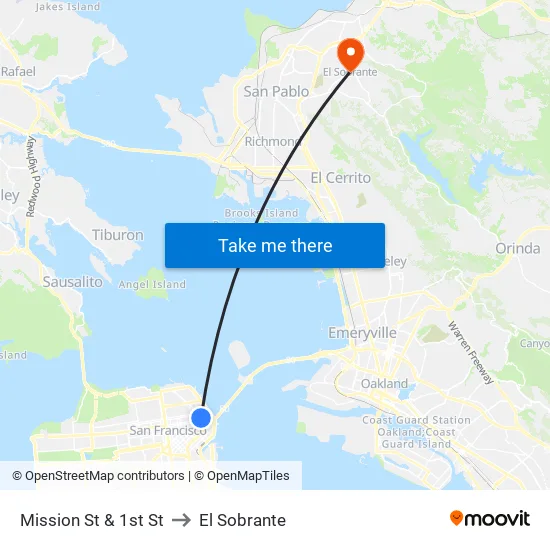 Mission St & 1st St to El Sobrante map