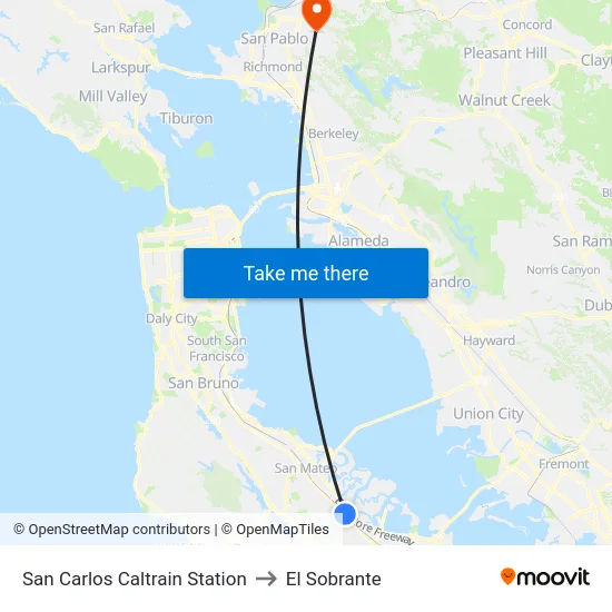 San Carlos Caltrain Station to El Sobrante map