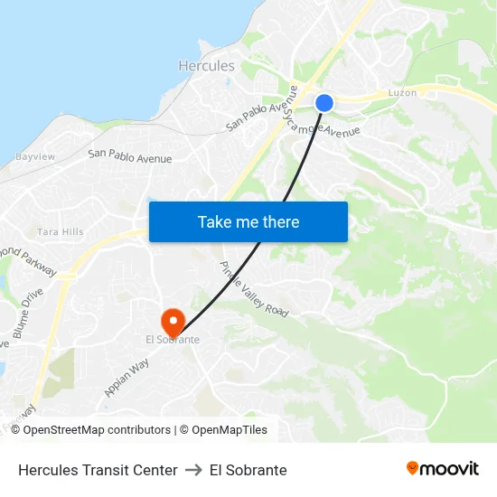 Hercules Transit Center to El Sobrante map