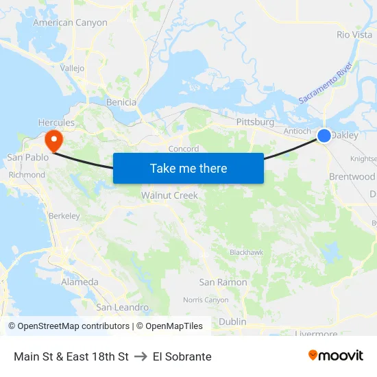 Main St & East 18th St to El Sobrante map