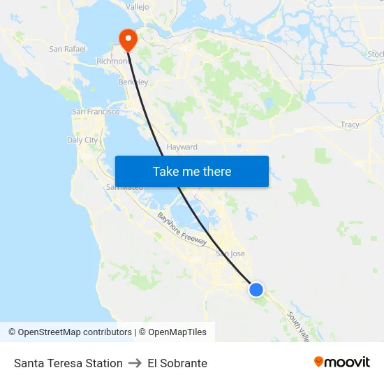 Santa Teresa Station to El Sobrante map
