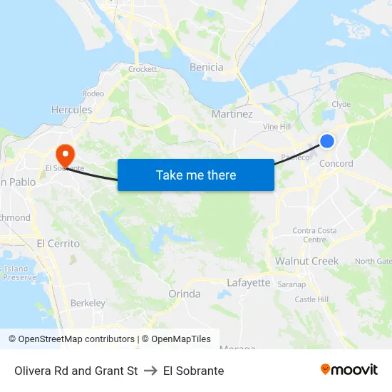 Olivera Rd and Grant St to El Sobrante map