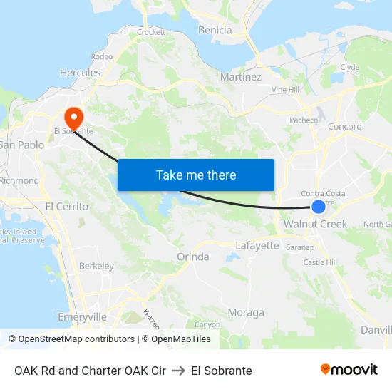 OAK Rd and Charter OAK Cir to El Sobrante map