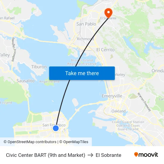 Civic Center BART (9th and Market) to El Sobrante map